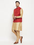 Vastramay Men's Maroon Matka Silk Nehru Jacket With Rose Gold Silk Blend Kurta and Pant style Pyjama Set
